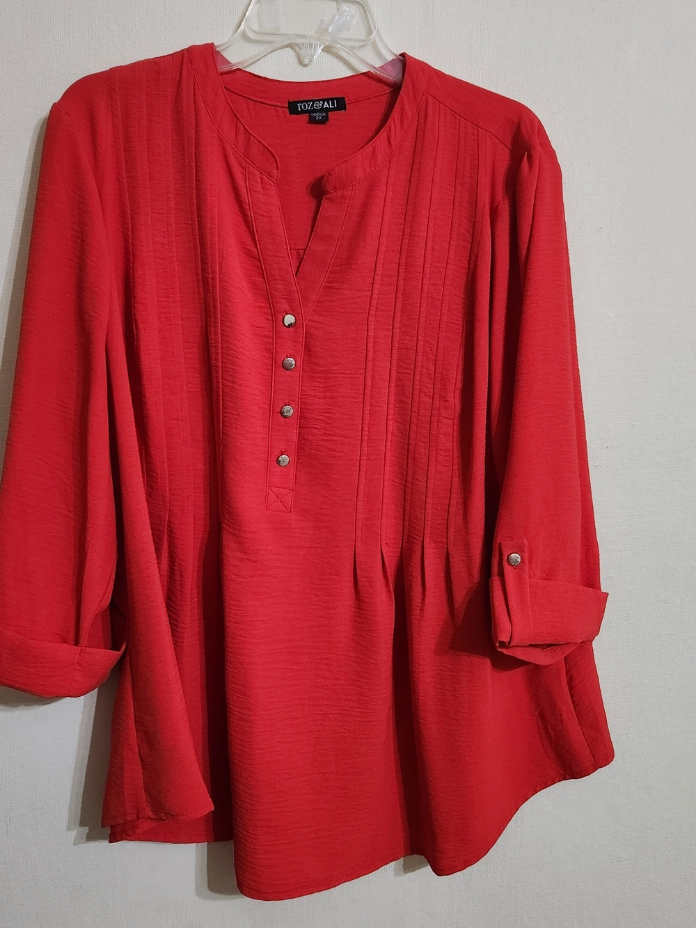Roz & Ali Orange Pintuck Henley Blouse